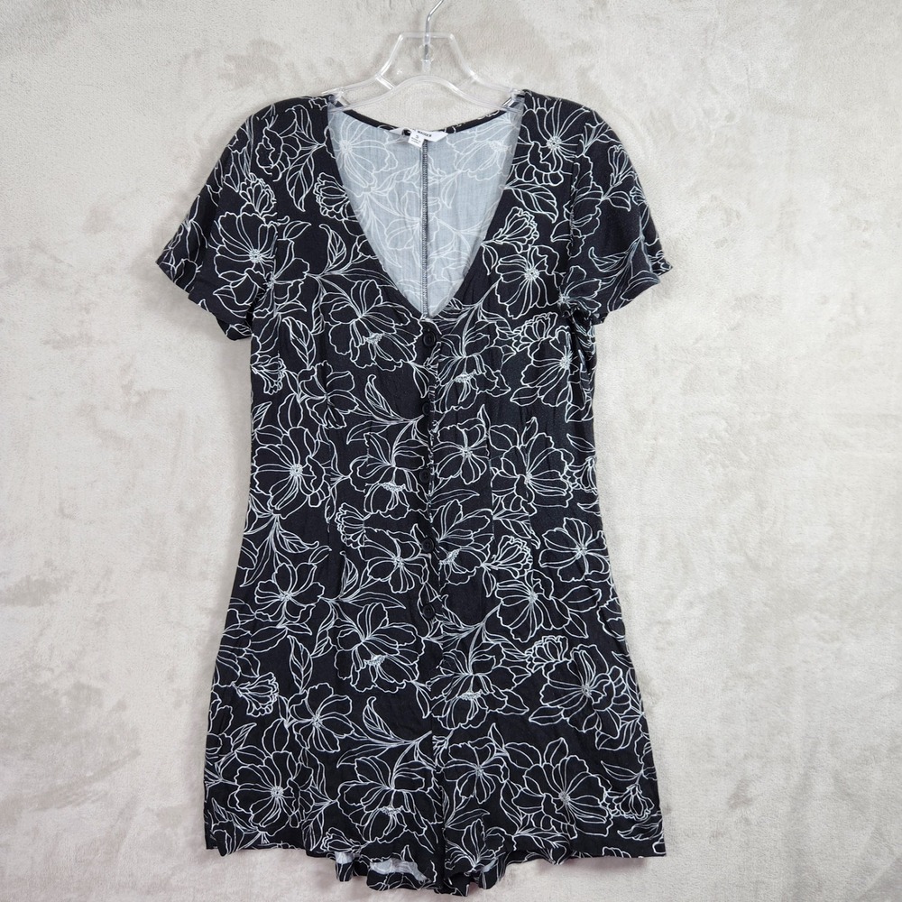 Steve Madden Floral Romper Womens Small Black Button Front Cottagecore Boho